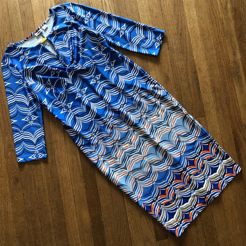 CATO Pattern Midi Dress Size Small Blue/White/Orange/Black